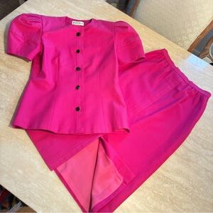 Vibrant Pink Button-Up Blazer Puff Sleeve & Pleated Skirt Set size 6 Made in USA
